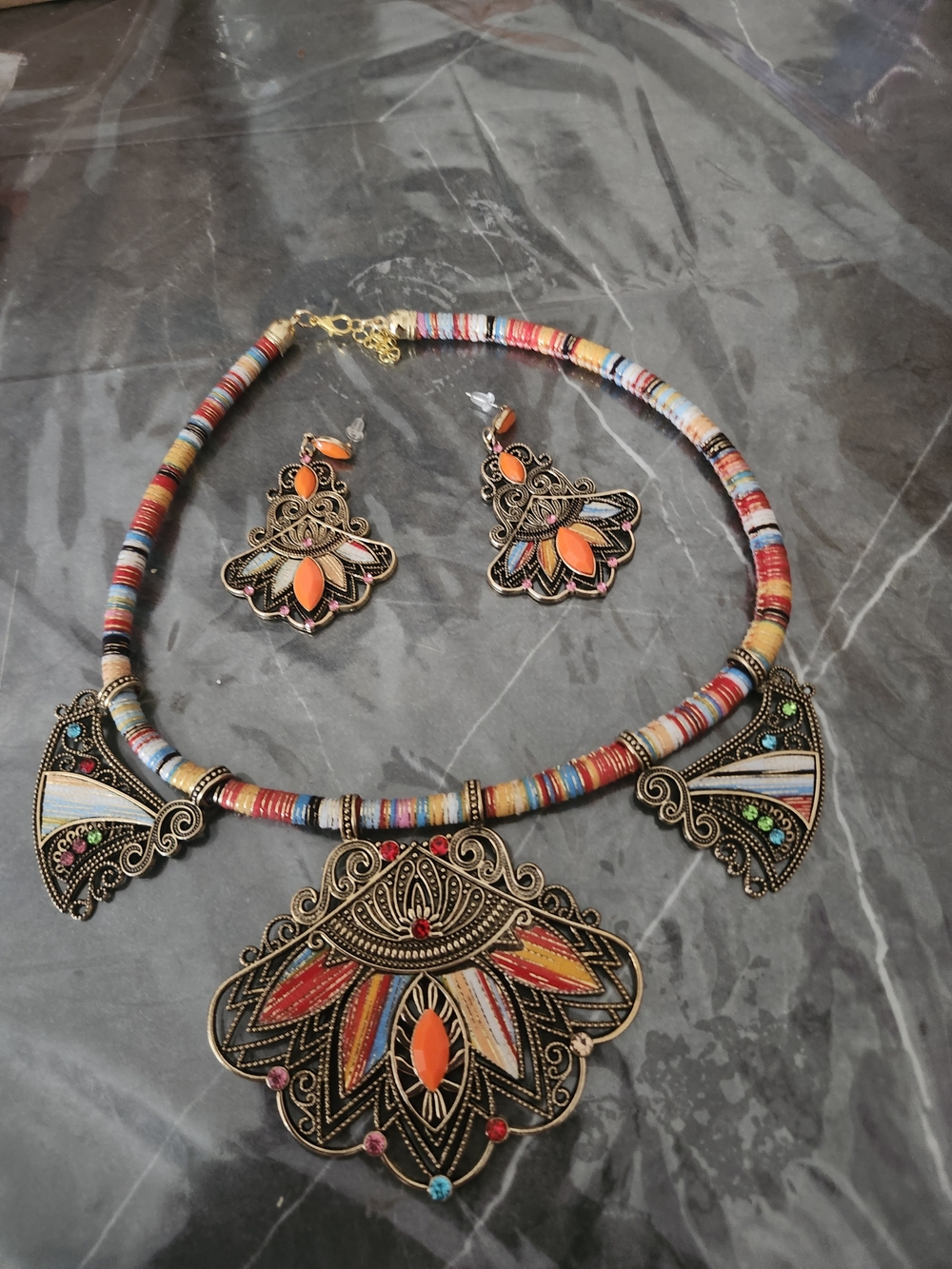 Bohemian Multicolor Enamel Statement Necklace & Earrings Set
